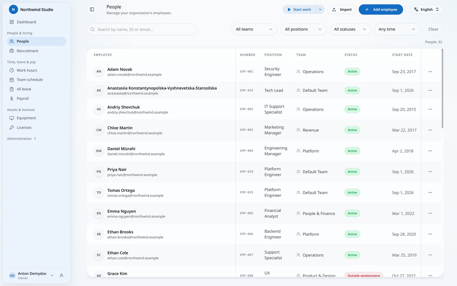 IHR people directory with employees, teams and positions